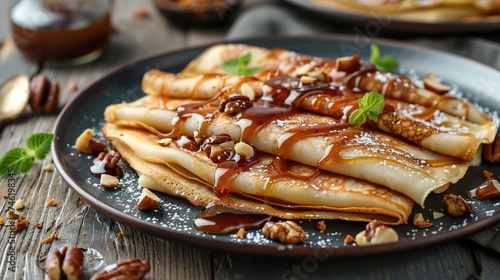 crepes with salted caramel and nuts, top view, wooden background