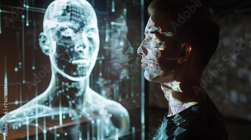 human hologram, virtual AI assistant concept, futuristic artificial intelligence technology, modern digital tech, AI innovation
