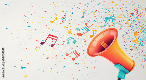 a speaker is shown with music notes on a light background, in the style of colorful curves