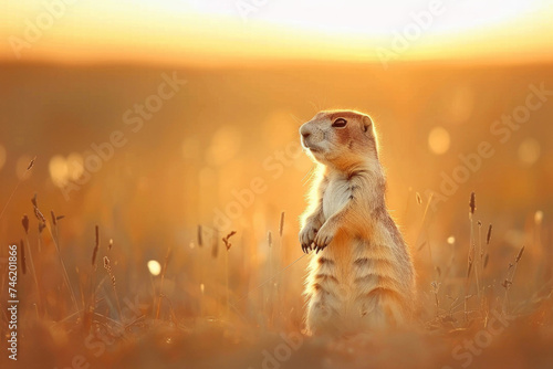 A vigilant prairie dog stands guard at sunset