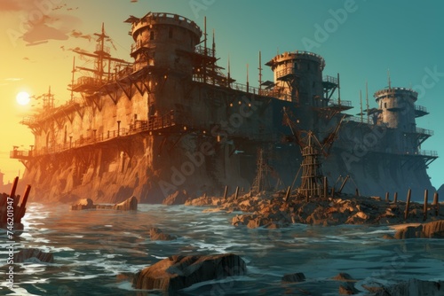 Dilapidated Rusty fortress sea. Defense fortress. Generate Ai