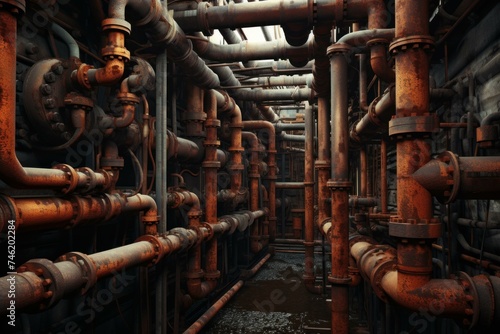 Decrepit Rusty deteriorated pipes water system. Scrap metal tube covered with orange rust. Generate ai