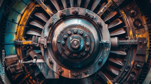 Detailed view of a turbine shop within a power generation facility, featuring the intricate parts of a disassembled turbine awaiting repair and inspection, AI Generative