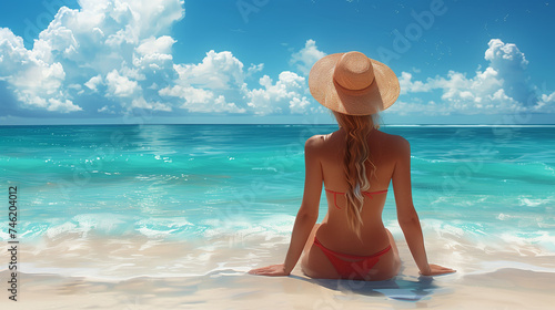 Beach vacation summer, woman sunbathing relaxing on a tropical beach, holiday banner panoramic with copy space, female relaxing on a tropical beach