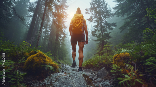 Female Hiker walking on a forest trail with camping backpacks. woman from behind hiking in autumn-fall nature woods. tourist wearing backpacks outdoors trekking on the mountain