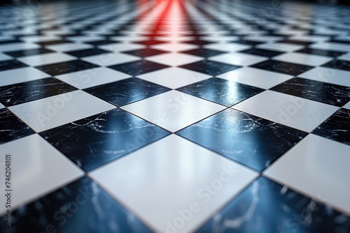 A black and white checkered floor illuminated by a bright red light.
