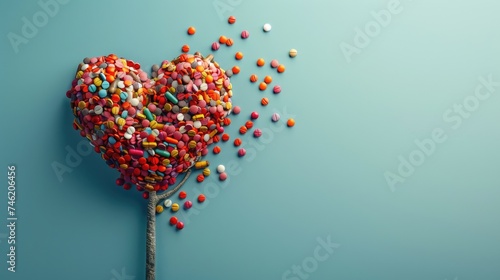 A heart made of a large number of colorful pills on a blue background.