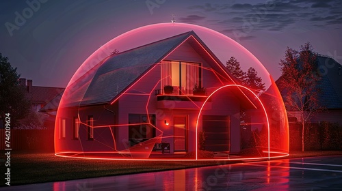 home protected by an alarm system in the form of a red dome around the house