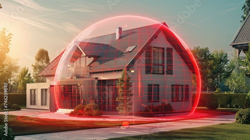 home protected by an alarm system in the form of a red dome around the house