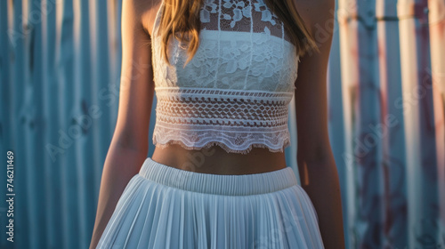 A lace crop top paired with a pleated midi skirt and spy sandals for a feminine and romantic look.