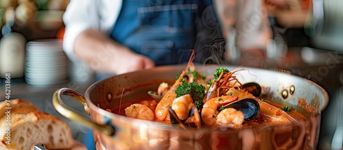A traditional copper pot filled with delicious homemade bouillabaisse, showcasing succulent shrimp and plump mussels simmering in a flavorful broth.