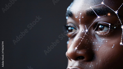 A closeup of a persons face being scanned for facial recognition before being granted access to their health records.