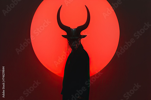 silhouette of a devil with horns on red circle background 