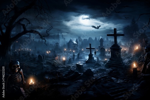 Creepy Skeletons cemetery risen. Spooky dead. Generate Ai