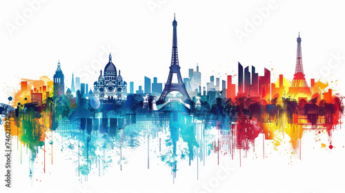 Artistic representation of Paris skyline with Eiffel Tower in watercolor splashes.