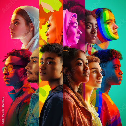 A collage of diverse faces with vibrant, colorful backgrounds representing cultural diversity and inclusion.