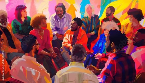 Illustration of a diverse group of people engaging in an animated discussion in a vibrant, colorful setting.