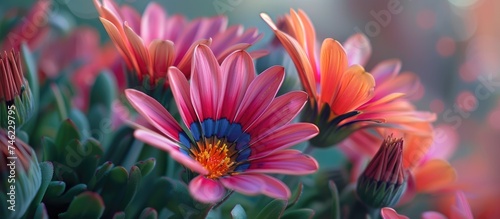 A variety of Gazania flowers, showcasing vibrant colors and intricate patterns, are arranged neatly in a glass vase. The petals are in full bloom, adding a pop of color to any room.