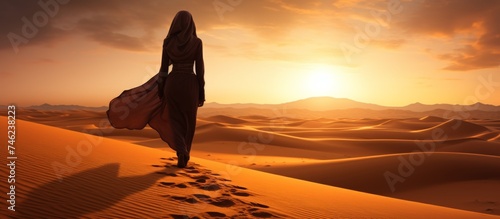 Silhouette view of beautiful muslim woman walking on desert sand