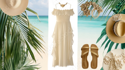 An elegant look with a flowing offshoulder maxi dress accessorized with delicate gold jewelry and a pair of wedges. This outfit is perfect for a beach party with a sophisticated