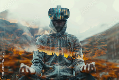 Man using virtual reality headset Vision Pro meditating yoga in lotus pose on the lake. Meditation and relax yoga concept