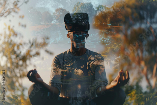 Man using virtual reality headset Vision Pro meditating yoga in lotus pose on the lake. Meditation and relax yoga concept