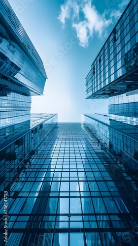 Looking Up Blue Modern Office Building