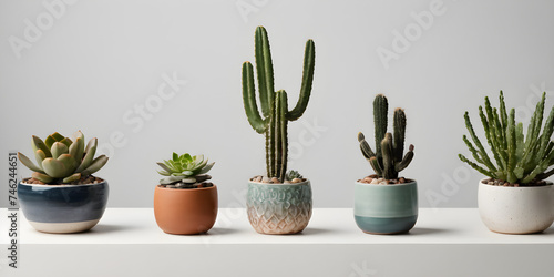 collection Set of different mixed cactus and succulents types of small mini plant in modern ceramic nordic vase pot as furniture cutouts isolated on transparent png background 