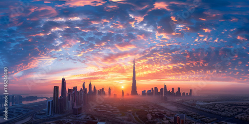 Stunning Sunset over the City Skyline, Aerial view of Dubai, United Arab Emirates in near sunset, Burj Khalifa Dubai skyline in sunset time united arab emirates