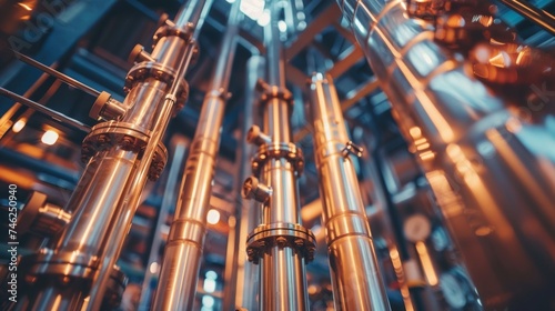 A series of distillation columns reaching up towards the ceiling with tubes connecting them as steam rises and oils are extracted.