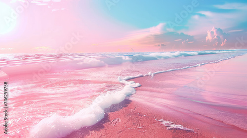 Colorful beach by the sea in pastel colors. Background with copy space.