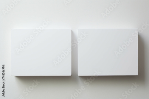 Two mockup white square canvases hanging on a white wall.