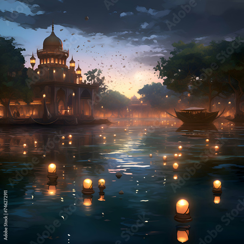 illustration of indian temple in the morning with light and reflection
