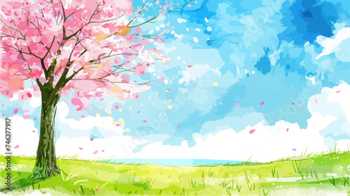 Rural spring landscape with a river and green meadows. Vector watercolor illustration