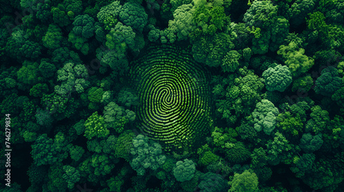 Aerial top down view of a green forest with human fingerprint in the middle , deforestation and human impact on nature biodiversity concept illustration. generative ai
