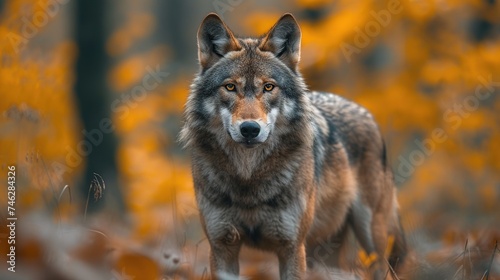 wolf in forest landscape view of wildlife in autumn, wild animal