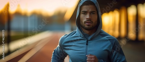 Athletic male in grey training hoodie doing cardio at sports stadium. Young athlete running on track.