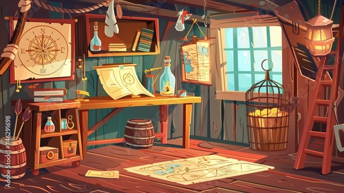 Nautical adventure awaits. An intricately detailed illustration of a pirate captain's cabin with maps, navigation tools, and a warm glow from the window suggesting tales of the high seas.