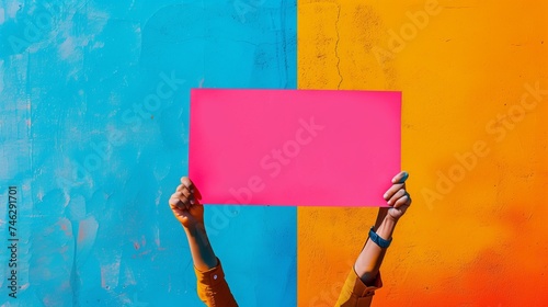 Vibrant activism. Hands holding a bright pink sign against a bold blue and orange painted wall, conveying a message of energetic expression and vibrant protest.