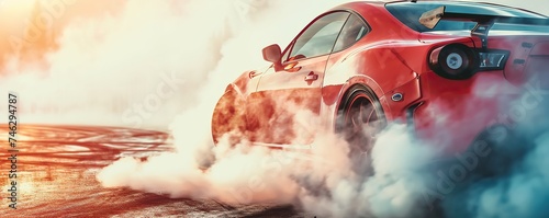 The car performs a drift on the road by emitting smoke from its tires