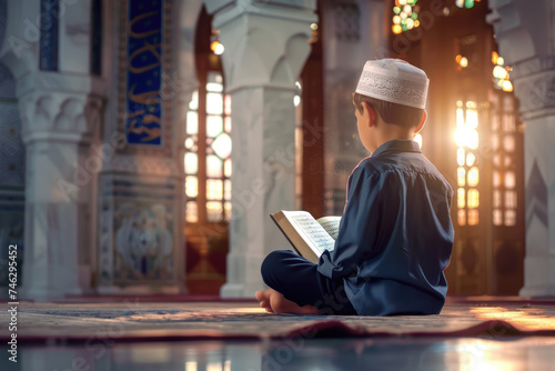 Religious Muslim little boy reading Koran Bible book in mosque