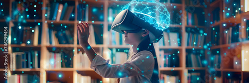Smart school girl pupil with VR glasses googles studying the astronomy space and neural connections of the brain in the library at school. Simulation technology and science. Female student uses a