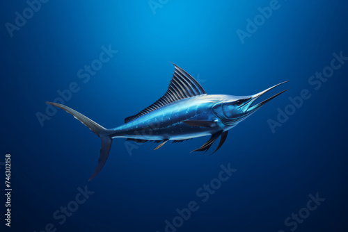 A deep sea fish, a blue marlin swimming in the ocean.