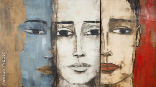 A painting of three different women's faces on a wall, a trio.