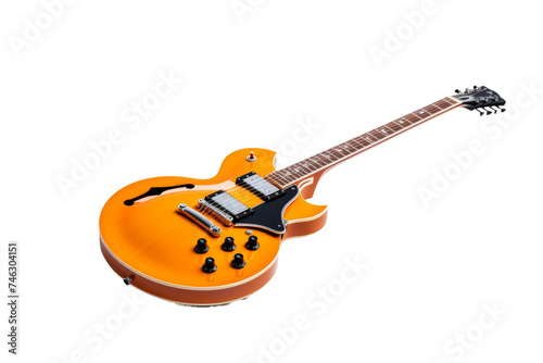 Orange Electric Guitar With Black Knobs. An orange electric guitar with black knobs is positioned on a stand. On PNG Transparent Clear Background.