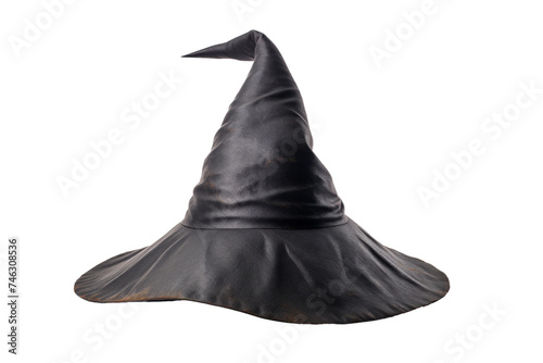 A black witches hat is classic in design, conical in shape with a wide brim. The stark contrast between the black hat creates a striking visual impact. On PNG Transparent Clear Background.