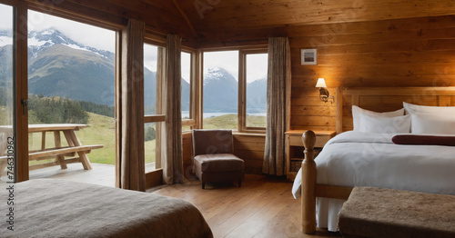 A cozy mountain lodge bedroom with rustic wooden decor, perfect for a peaceful retreat.