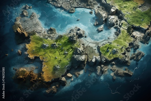 Aerial View of Coastal Cliffs and Green Islands. 