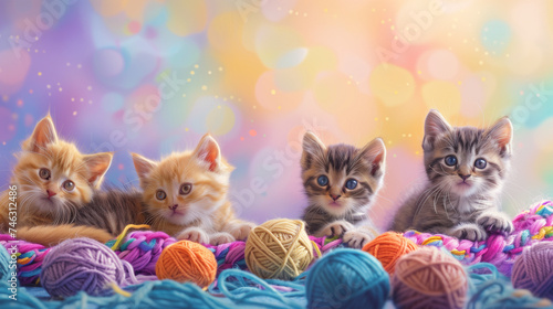 group of playful kitten friends romping and tumbling amidst colorful yarn balls and toys as a charming poster for kids' bedrooms.