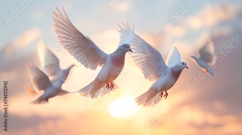 peaceful flock of pigeons, unified, stark white background, minimalist, graceful movement, soft shadows, AI Generative